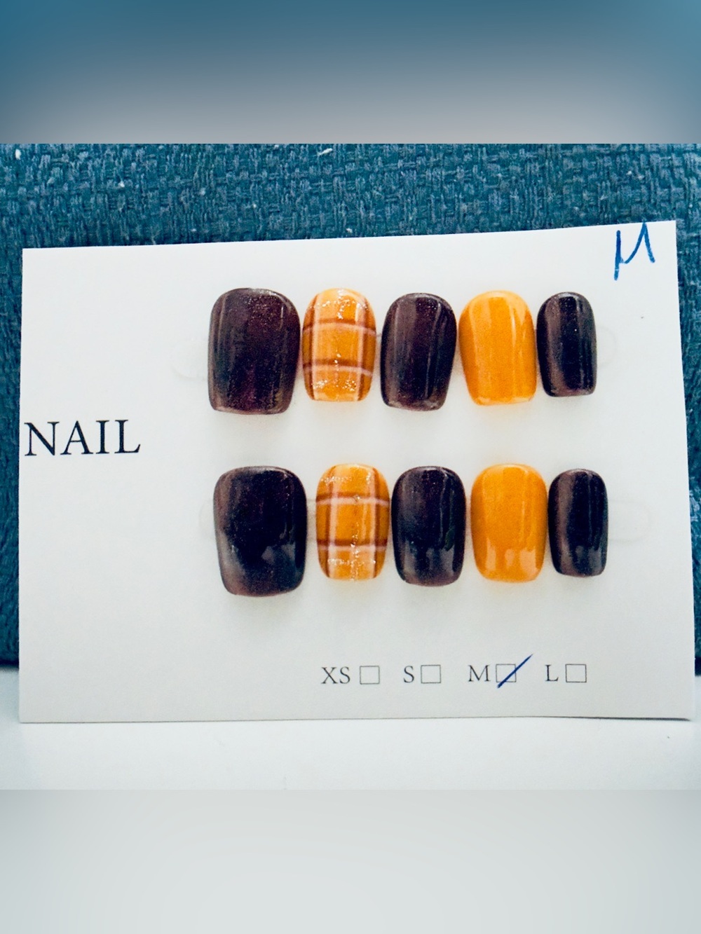 Press-On Nail Set in Dark Brown & Mustard Plaid - Women Accessories